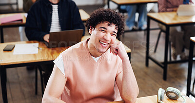 Buy stock photo College, funny or man in class with portrait, knowledge or scholarship in academic development. University, happy or student at campus with confidence, higher education or laugh for study opportunity