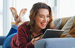 Laugh, credit card and woman with tablet in home for relax, subscription payment or online shopping. Tech, debit and funny person on sofa for membership to streaming service, meme and ecommerce