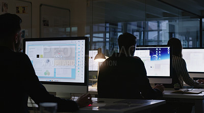 Buy stock photo Computer, research and planning with business people in office for coworking, web designer and night. Online project, deadline and email with employee in agency for proposal and creative editor