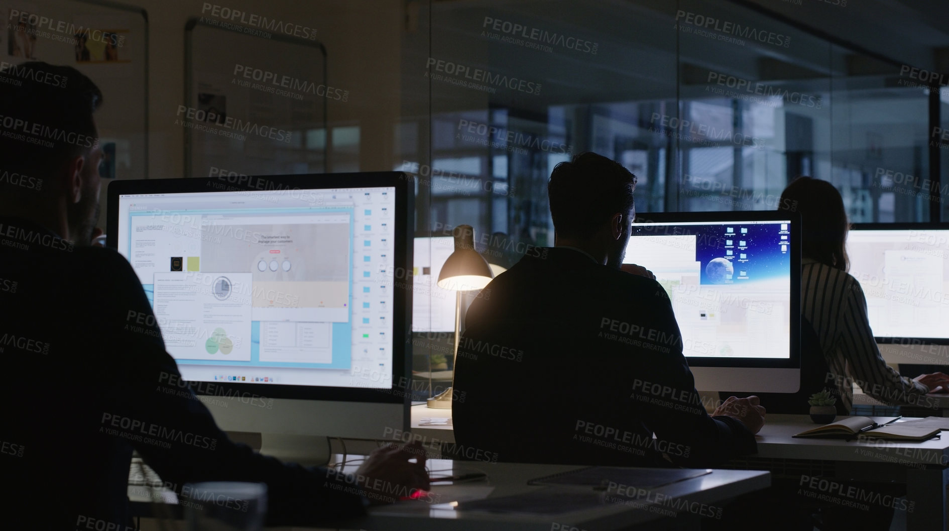 Buy stock photo Computer, research and planning with business people in office for coworking, web designer and night. Online project, deadline and email with employee in agency for proposal and creative editor