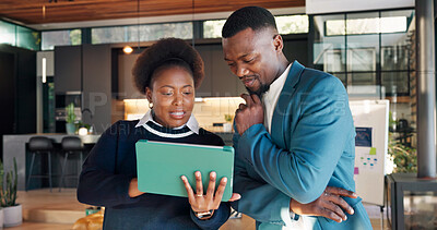 Buy stock photo Collaboration, event management and tablet with black people in venue for seating plan discussion. App, coordination and experience design with team talking in hosting area for final decisions