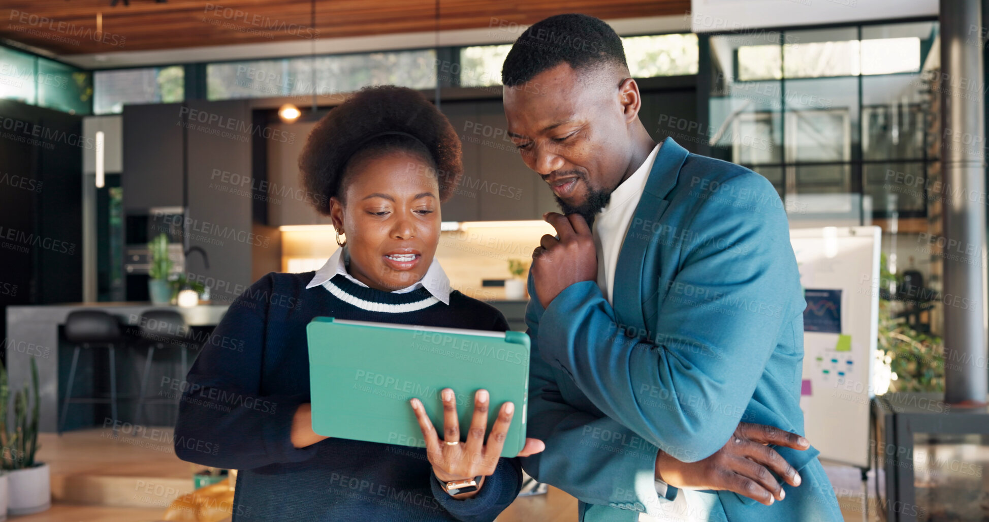 Buy stock photo Collaboration, event management and tablet with black people in venue for seating plan discussion. App, coordination and experience design with team talking in hosting area for final decisions