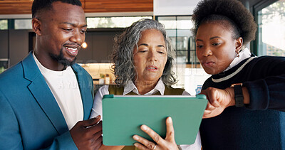 Buy stock photo Event management, planning and tablet with employee team in venue for seating plan discussion. App, coordination and experience design with group of people talking in hosting area for final decision