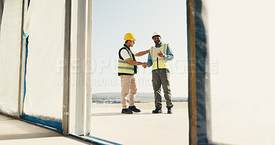Buy stock photo Tablet, men and handshake for construction partnership, development agreement or site safety pass. Smile, tech or worker shaking hands with engineer, building inspection approval or thank you outdoor