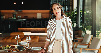 Buy stock photo Host, portrait and woman in home with smile, happy moment and confidence with dinner preparation. Wellness,  and mature person with optimism, positive attitude and satisfaction with party planning.