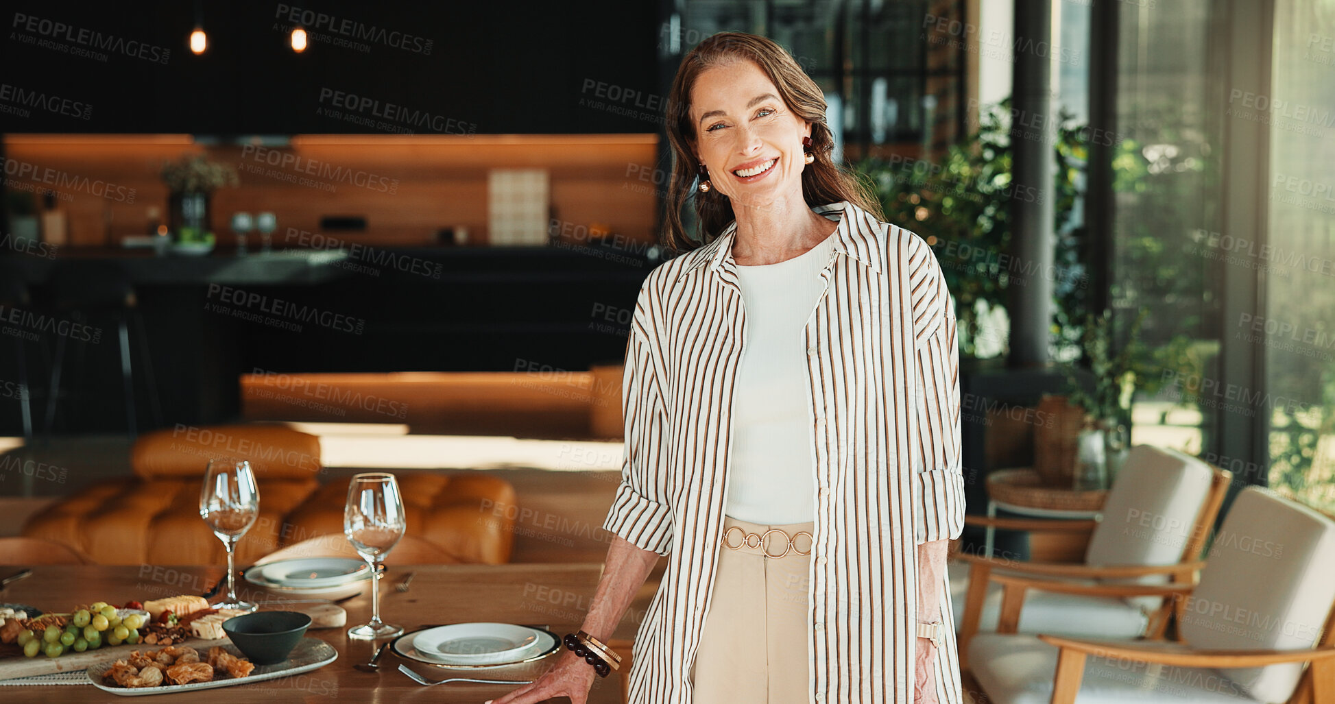 Buy stock photo Host, portrait and woman in home with smile, happy moment and confidence with dinner preparation. Wellness,  and mature person with optimism, positive attitude and satisfaction with party planning.