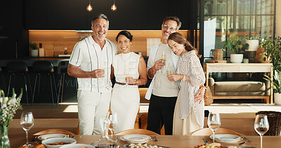 Buy stock photo Celebration, embrace or friends in house with champagne, bonding or happy moment with reunion. Portrait, drink or mature people with meal together, party connection or good time with social gathering