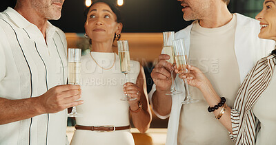 Buy stock photo Friends, champagne and together for cheers in house for celebration, social gathering or reunion. Mature men, women and happy with alcohol drinks in home for toast, support and holiday with couples