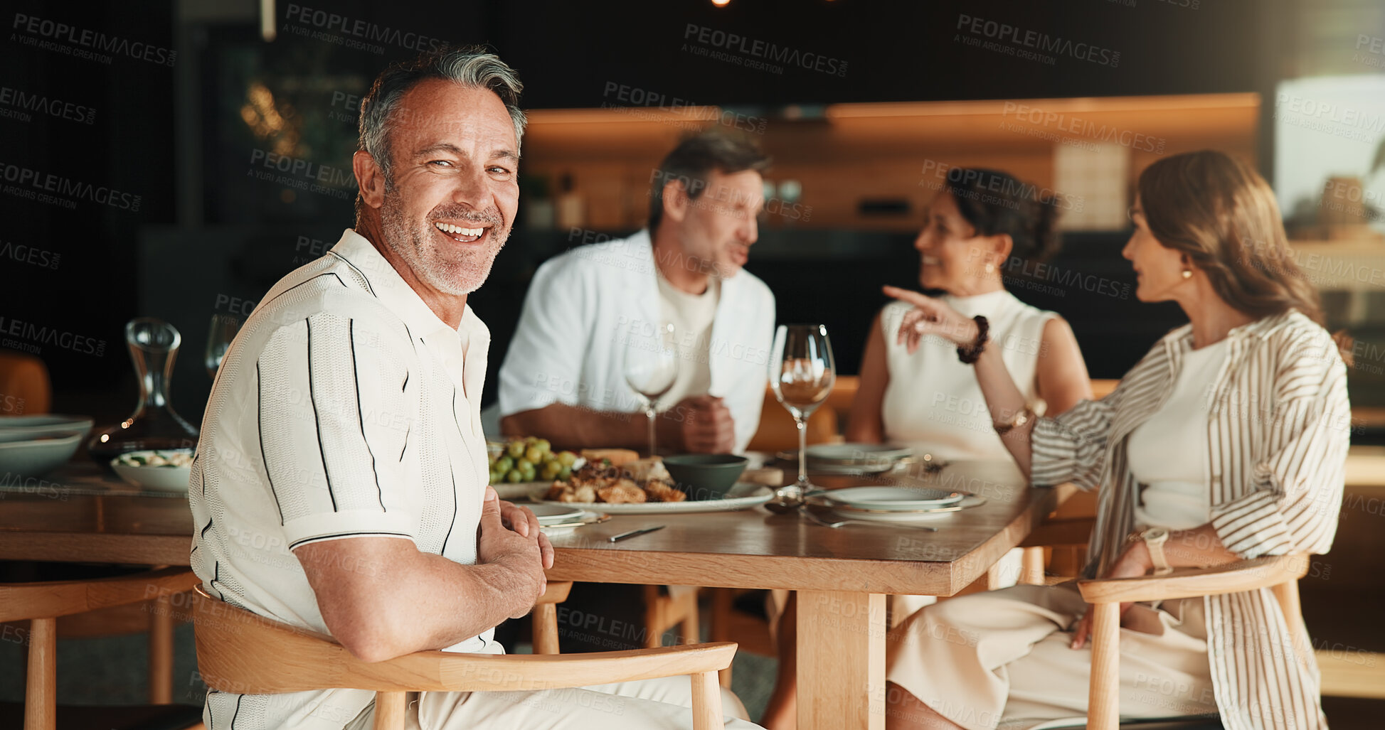 Buy stock photo Host, portrait or man in house with friends, satisfaction or happy moment with celebration bonding. Wellness, smile or mature people with meal, reunion party or positive attitude at social gathering.