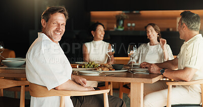 Buy stock photo Celebration, friends or man in home with portrait, satisfaction or happy moment with dinner bonding. Wellness, smile or mature host with meal, reunion party or positive attitude at social gathering.