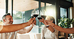 Friends, champagne and together for toast in house for celebration, social gathering or reunion. Mature men, women and happy with alcohol drinks in home for cheers, support and holiday with couples