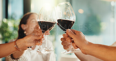 Buy stock photo Hands, red wine and together for cheers in house for celebration, social gathering or reunion. Friends, people and happy with alcohol drinks in home for toast, support and festive holiday with group