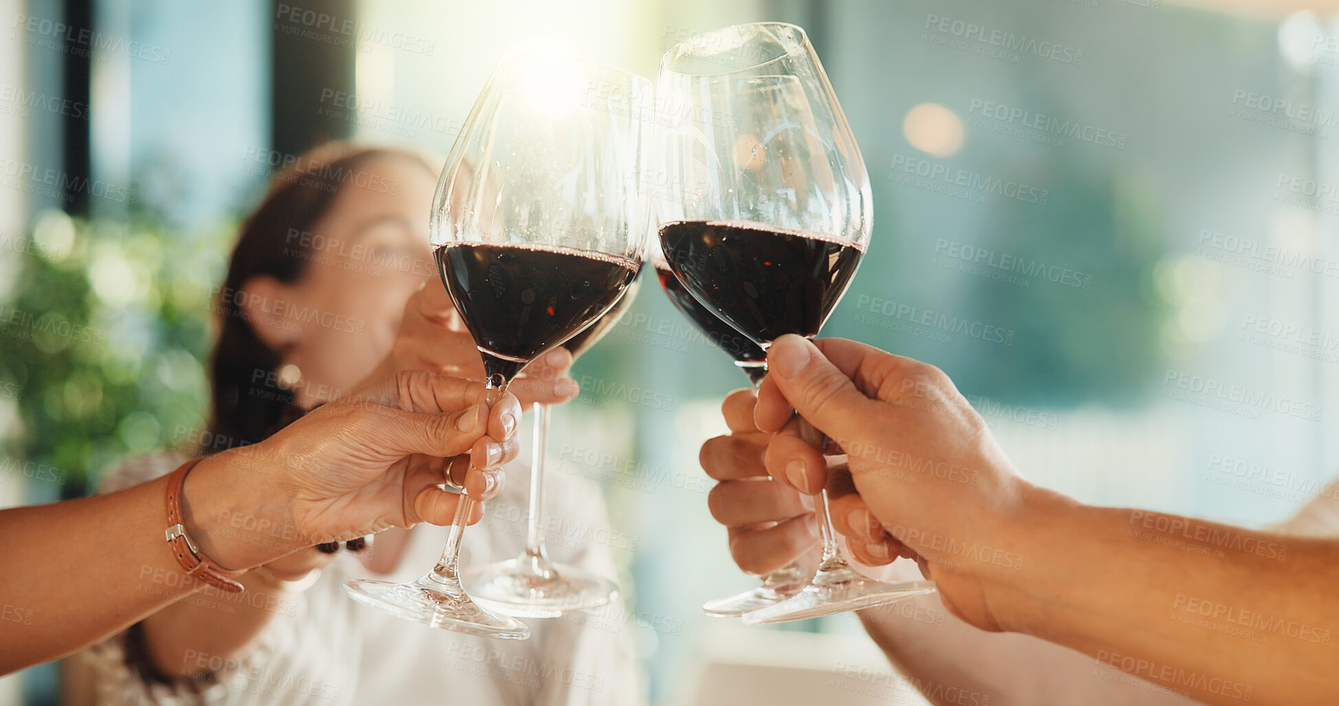Buy stock photo Hands, red wine and together for cheers in house for celebration, social gathering or reunion. Friends, people and happy with alcohol drinks in home for toast, support and festive holiday with group