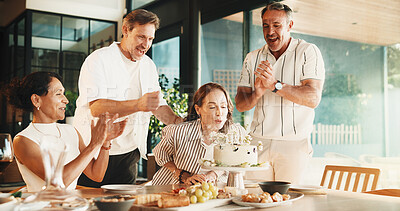 Buy stock photo Mature, people and birthday cake with applause in home for celebration, event or social gathering. Group, dessert or clapping with food or make a wish for get together, friendship or reunion in house