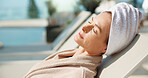 Woman, sleeping and chair at resort for travel, tanning and summer holiday for weekend unwind. Mature person, relax and sunbathing at retreat with sunshine, calm morning and stress relief on vacation