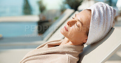 Buy stock photo Woman, sleeping and chair at resort for travel, tanning and summer holiday for weekend unwind. Mature person, relax and sunbathing at retreat with sunshine, calm morning and stress relief on vacation