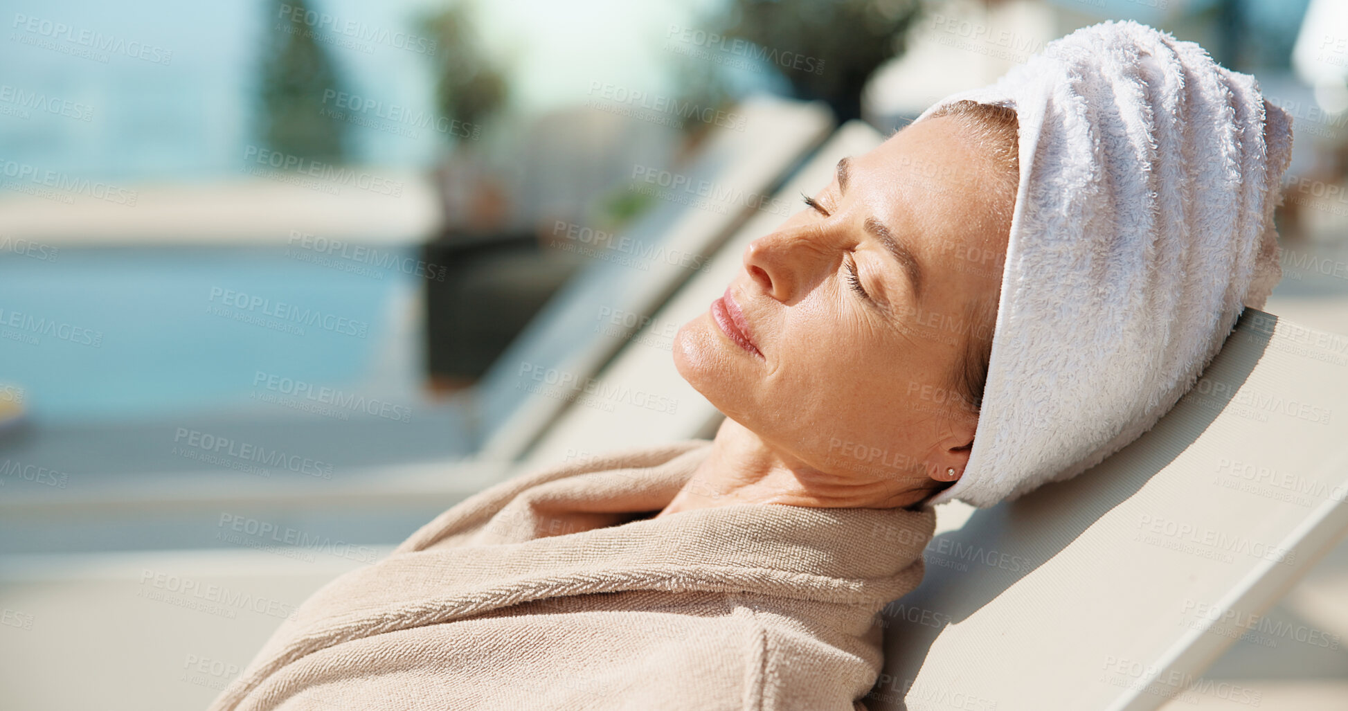 Buy stock photo Woman, sleeping and chair at resort for travel, tanning and summer holiday for weekend unwind. Mature person, relax and sunbathing at retreat with sunshine, calm morning and stress relief on vacation