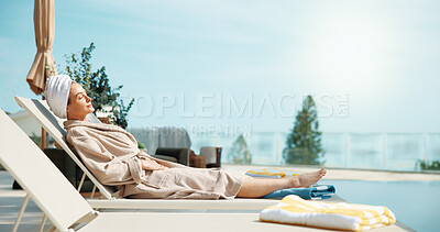 Buy stock photo Smile, woman and relax at resort for travel, tanning and summer holiday for weekend unwind. Space, mature person and sunbathing at retreat with eyes closed, calm morning and stress relief on vacation