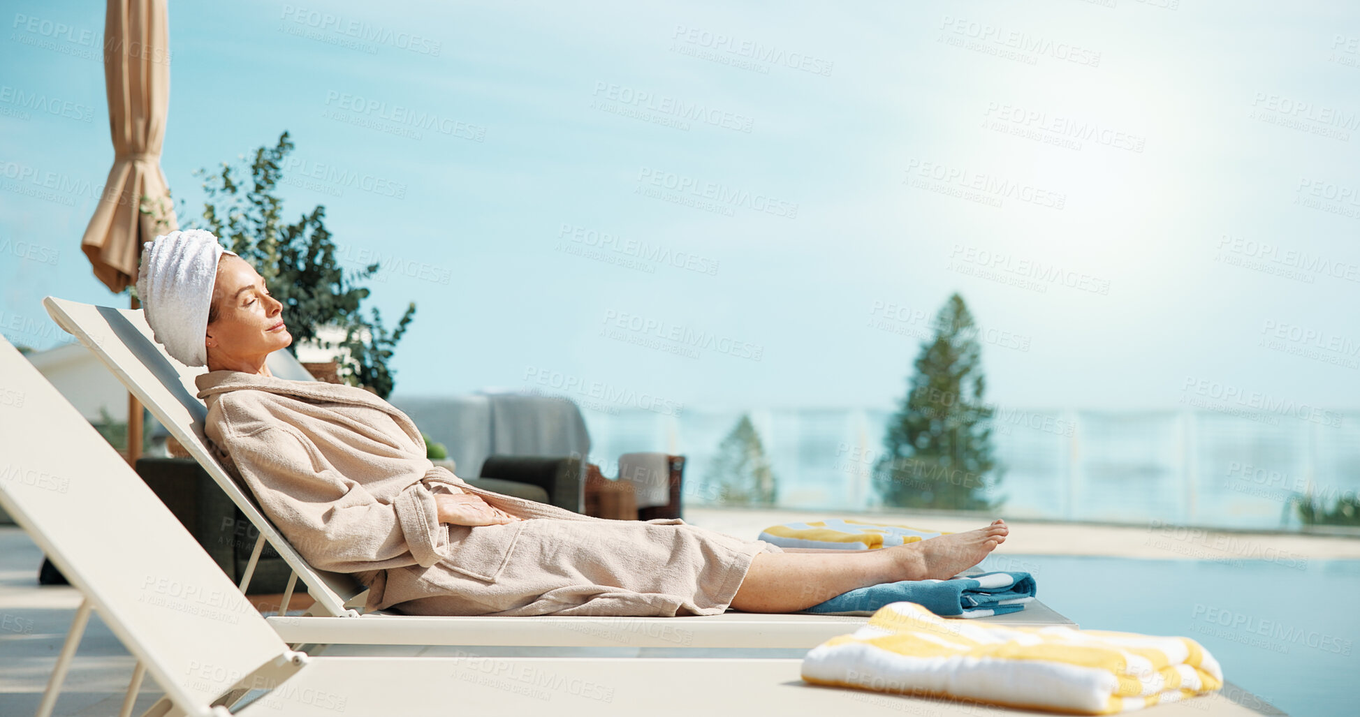 Buy stock photo Smile, woman and relax at resort for travel, tanning and summer holiday for weekend unwind. Space, mature person and sunbathing at retreat with eyes closed, calm morning and stress relief on vacation