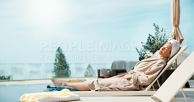 Buy stock photo Smile, woman and relax at resort with chair, travel and summer tanning for weekend unwind. Space, mature person and sunbathing at luxury retreat for peace, calm morning and stress relief on vacation