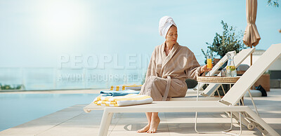 Buy stock photo Woman, relax and drink at resort for travel, tanning and summer holiday for weekend unwind. Space, mature person and orange juice at retreat for sunbathing, calm morning and stress relief on vacation