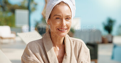 Buy stock photo Portrait, woman and relax at resort with smile, travel and summer holiday for weekend unwind. Happy, mature person and me time at luxury retreat for peace, calm morning and stress relief on vacation