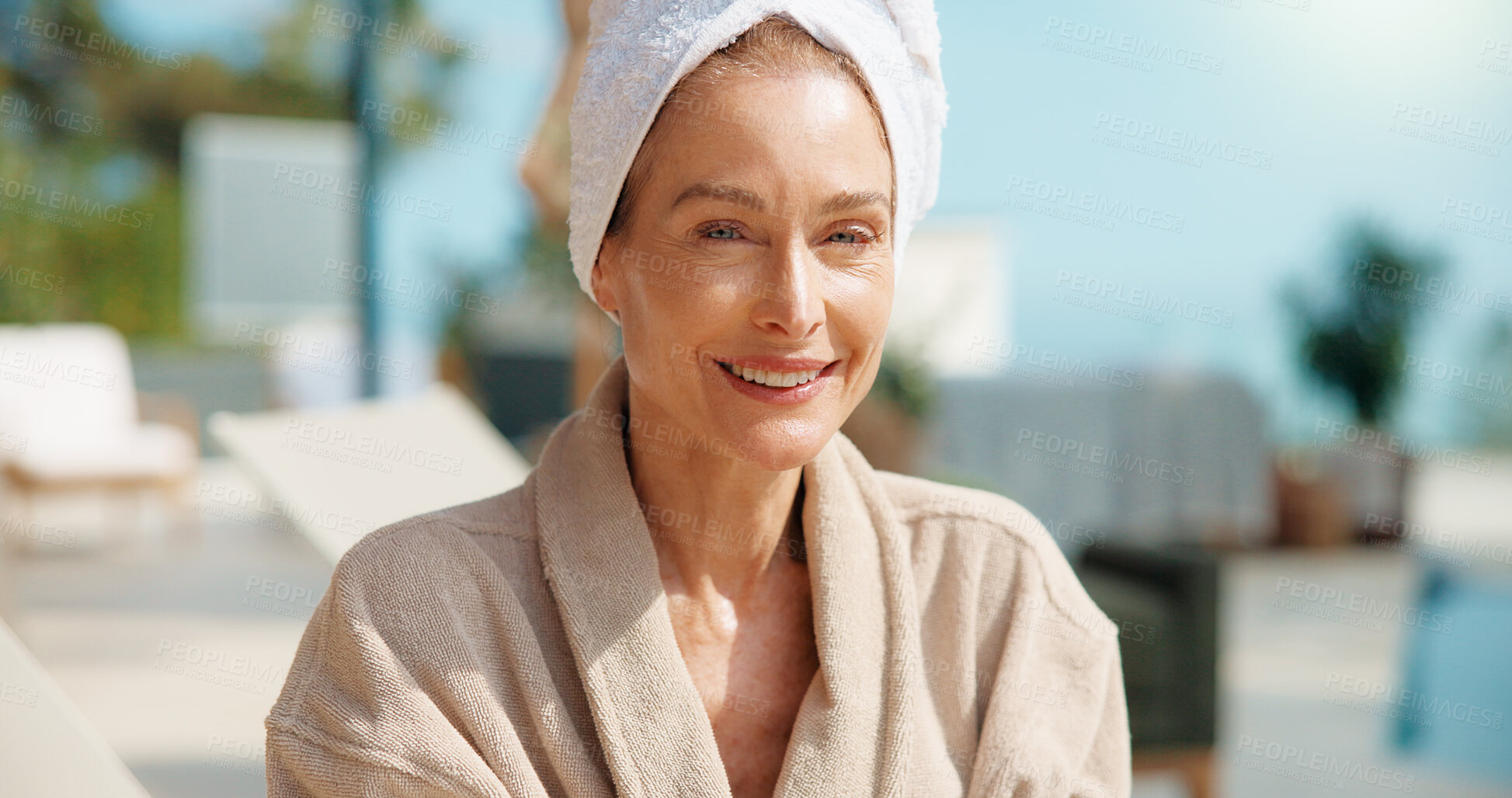 Buy stock photo Portrait, woman and relax at resort with smile, travel and summer holiday for weekend unwind. Happy, mature person and me time at luxury retreat for peace, calm morning and stress relief on vacation