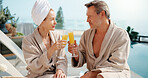 Relax, cheers and couple with drink for vacation, holiday getaway or romantic date in luxury resort. Man, woman and toast with glass by swimming pool for weekend trip or accommodation in beauty spa