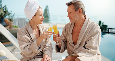 Buy stock photo Relax, cheers and couple with drink for vacation, holiday getaway or romantic date in luxury resort. Man, woman and toast with glass by swimming pool for weekend trip or accommodation in beauty spa