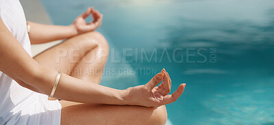 Buy stock photo Woman, hands or swimming pool with meditation in spa for spiritual healing, health or wellness. Female person, zen or lotus pose with inner peace for stress relief, relax or mindfulness in resort