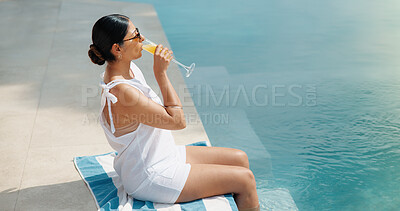 Buy stock photo Woman, drink and vacation with swimming pool in resort for holiday, travel or summer break. Female person, traveler or beverage with sunglasses by poolside for weekend getaway trip in beauty spa