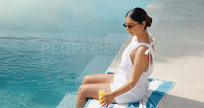Buy stock photo Woman, relax and swimming pool with drink in resort for holiday, travel or summer break in spa. Female person, traveler or beverage with sunglasses by poolside for weekend getaway or trip in retreat