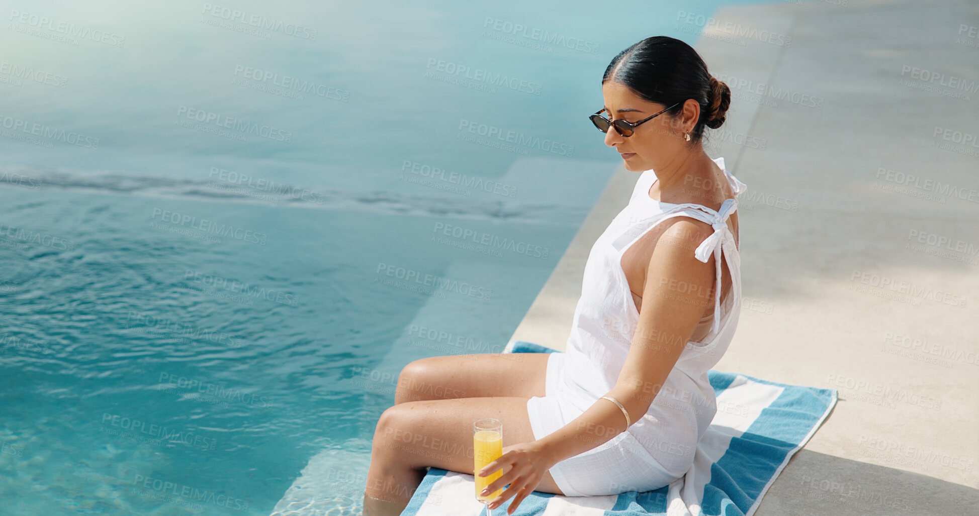 Buy stock photo Woman, relax and swimming pool with drink in resort for holiday, travel or summer break in spa. Female person, traveler or beverage with sunglasses by poolside for weekend getaway or trip in retreat