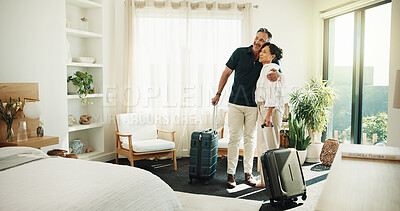 Buy stock photo Couple, luggage and hug in hotel for travel, second honeymoon and happy with luxury accommodation. Mature man, wife or together at lodge for check in, relationship care or holiday retreat for bonding