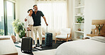 Couple, luggage and hug in hotel for vacation, second honeymoon or happy with luxury accommodation. Mature man, wife or together at lodge for check in, relationship care or travel retreat for bonding