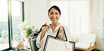 Portrait, woman and shopping bag at house for fashion, clothing haul and purchase for retail spree. Smile, mature person and package in home with new outfit, bargain and discount for wardrobe restock