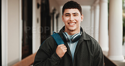 Buy stock photo Portrait, man and college student with smile for education, youth development and scholarship. Happy male person, university and learning opportunity at campus, knowledge growth and academic future