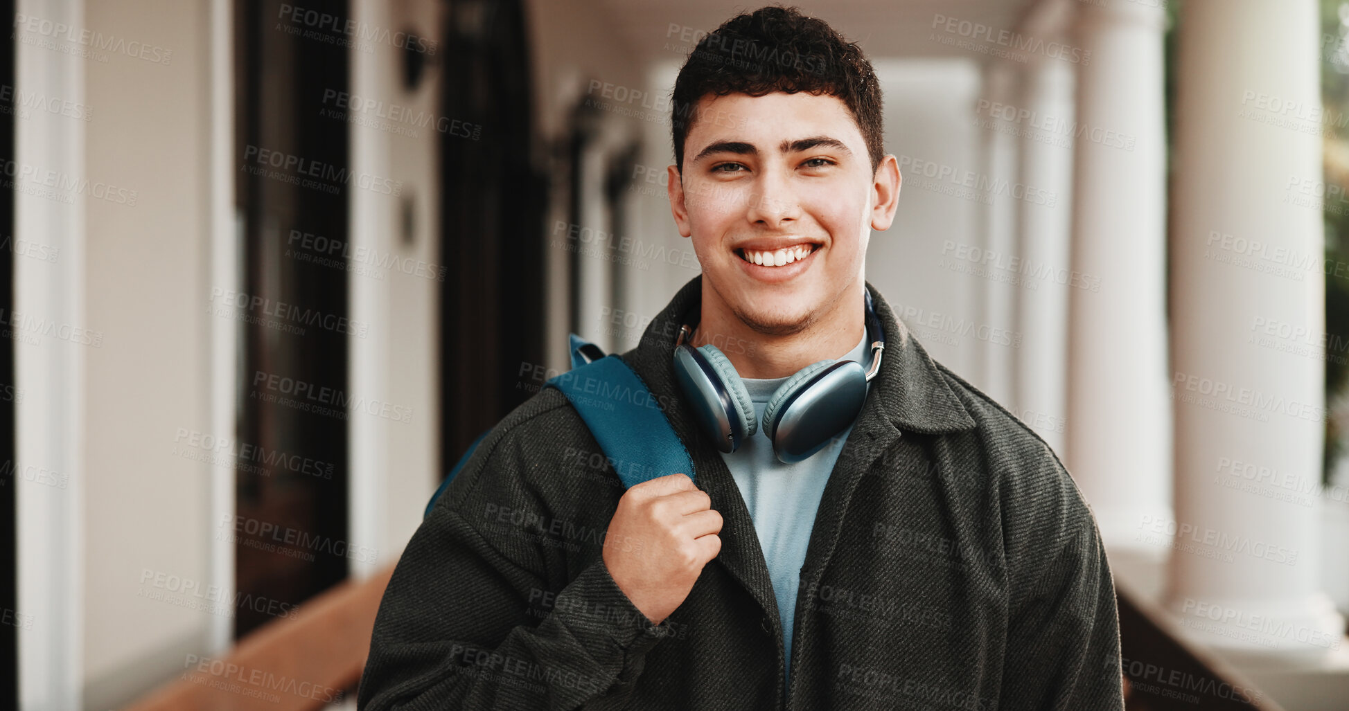 Buy stock photo Portrait, man and college student with smile for education, youth development and scholarship. Happy male person, university and learning opportunity at campus, knowledge growth and academic future