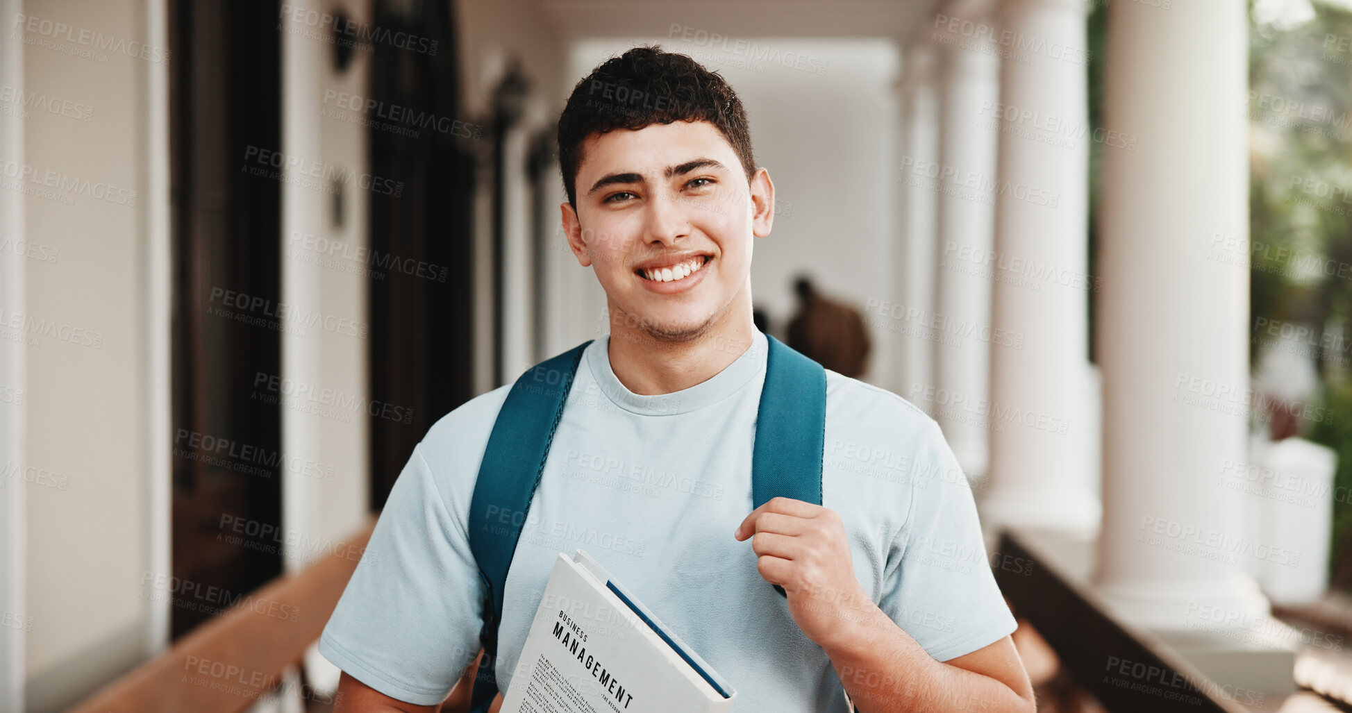 Buy stock photo Portrait, man and college student with book for education, youth development and scholarship. Happy male person, university and textbook for learning at campus, knowledge growth and academic future