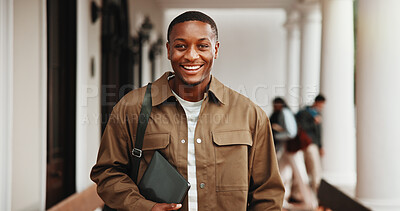 Buy stock photo Laugh, man and portrait of college student with education, development and scholarship with tech. Funny black person, university or learning opportunity at campus, knowledge growth or academic future
