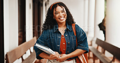 Buy stock photo Education, happy woman and portrait of university student with book, business course and scholarship. Female person, college and textbook for learning at campus, economics knowledge or development