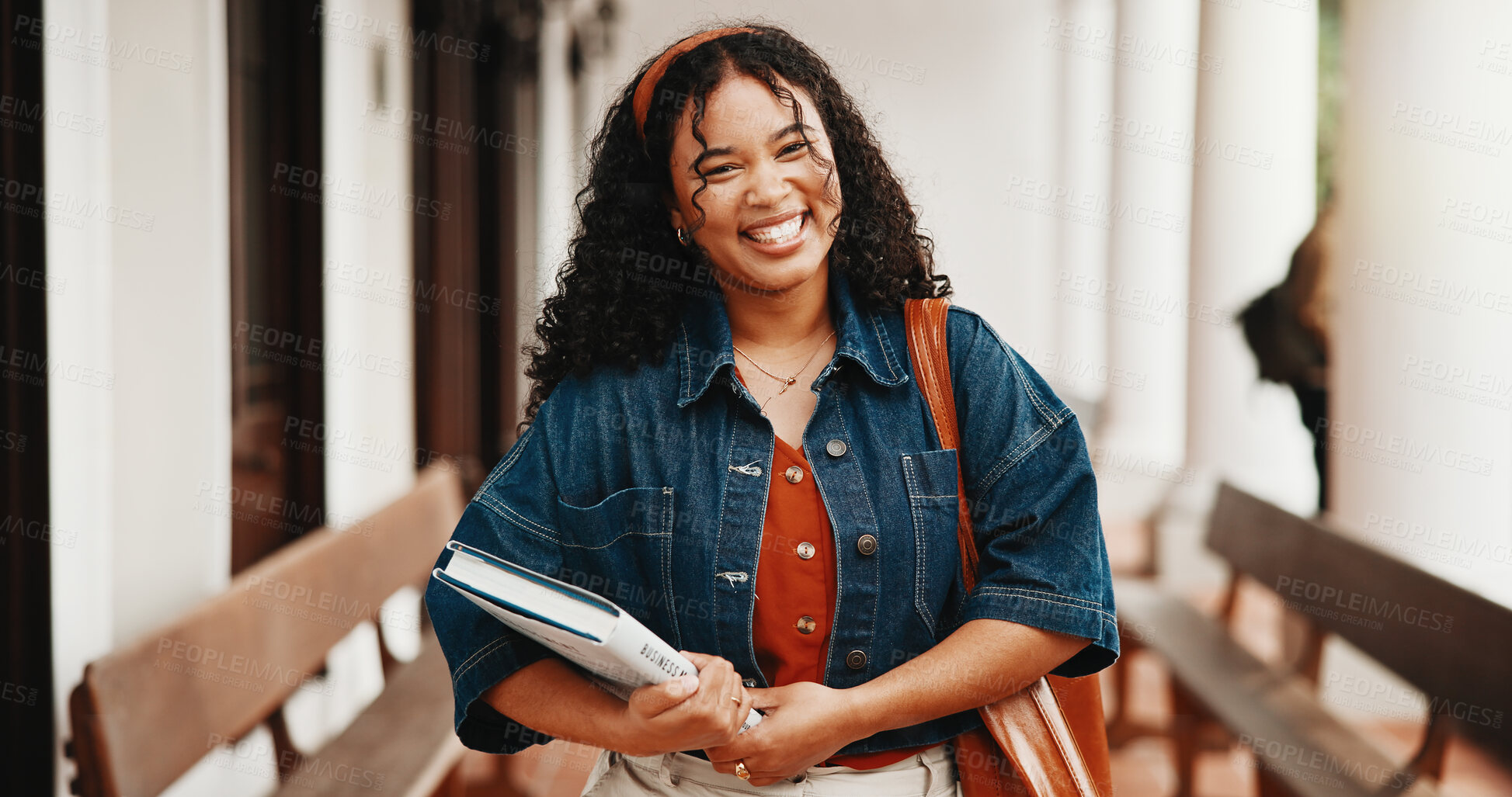 Buy stock photo Education, happy woman and portrait of university student with book, business course and scholarship. Female person, college and textbook for learning at campus, economics knowledge or development