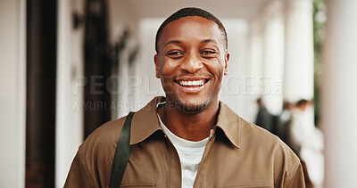Buy stock photo Laughing, man and portrait of university student with education, development and scholarship. Funny black person, college and learning opportunity at campus, knowledge growth or academic future