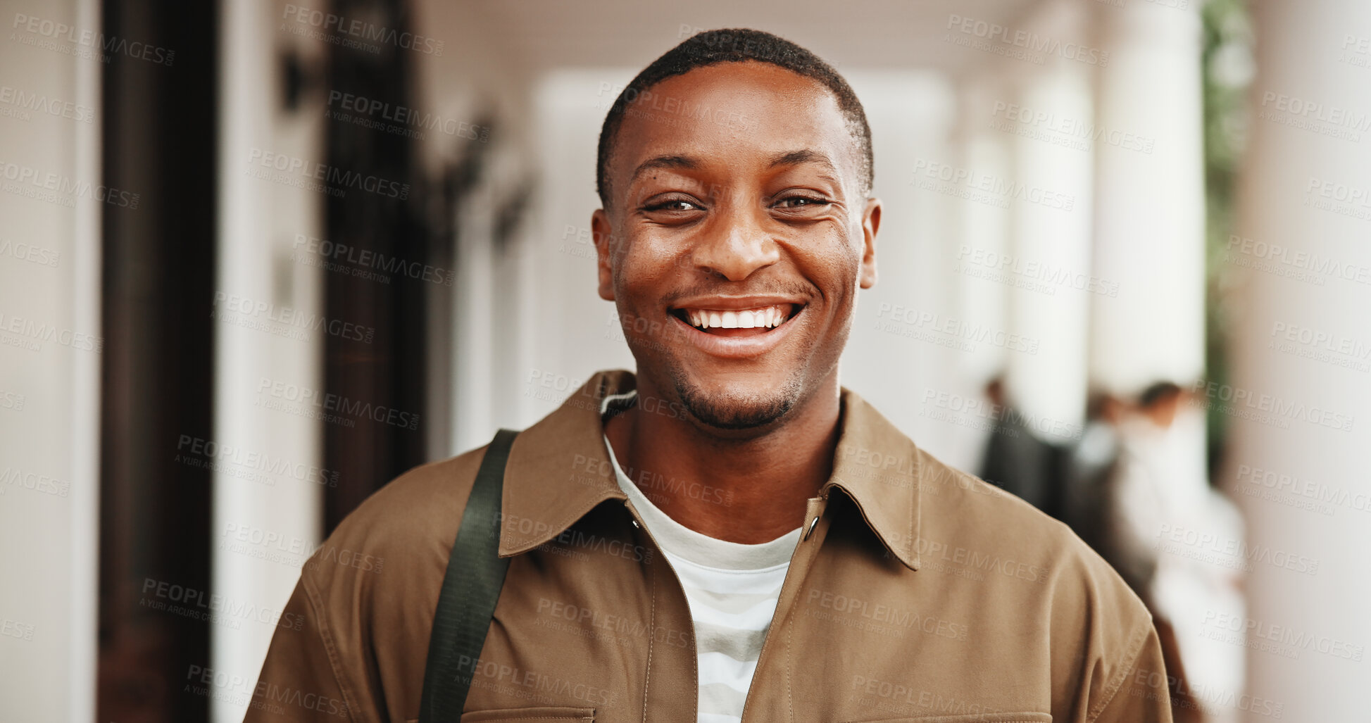 Buy stock photo Laughing, man and portrait of university student with education, development and scholarship. Funny black person, college and learning opportunity at campus, knowledge growth or academic future