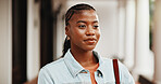 Thinking, woman and student at campus with smile, exchange program and scholarship for education. Happy, African person and vision at college with backpack, start semester and learning for knowledge