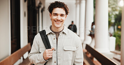 Buy stock photo Smile, man and portrait of university student for learning, development and scholarship pride. Happy male person, college and education opportunity at campus, knowledge growth or academic aspiration