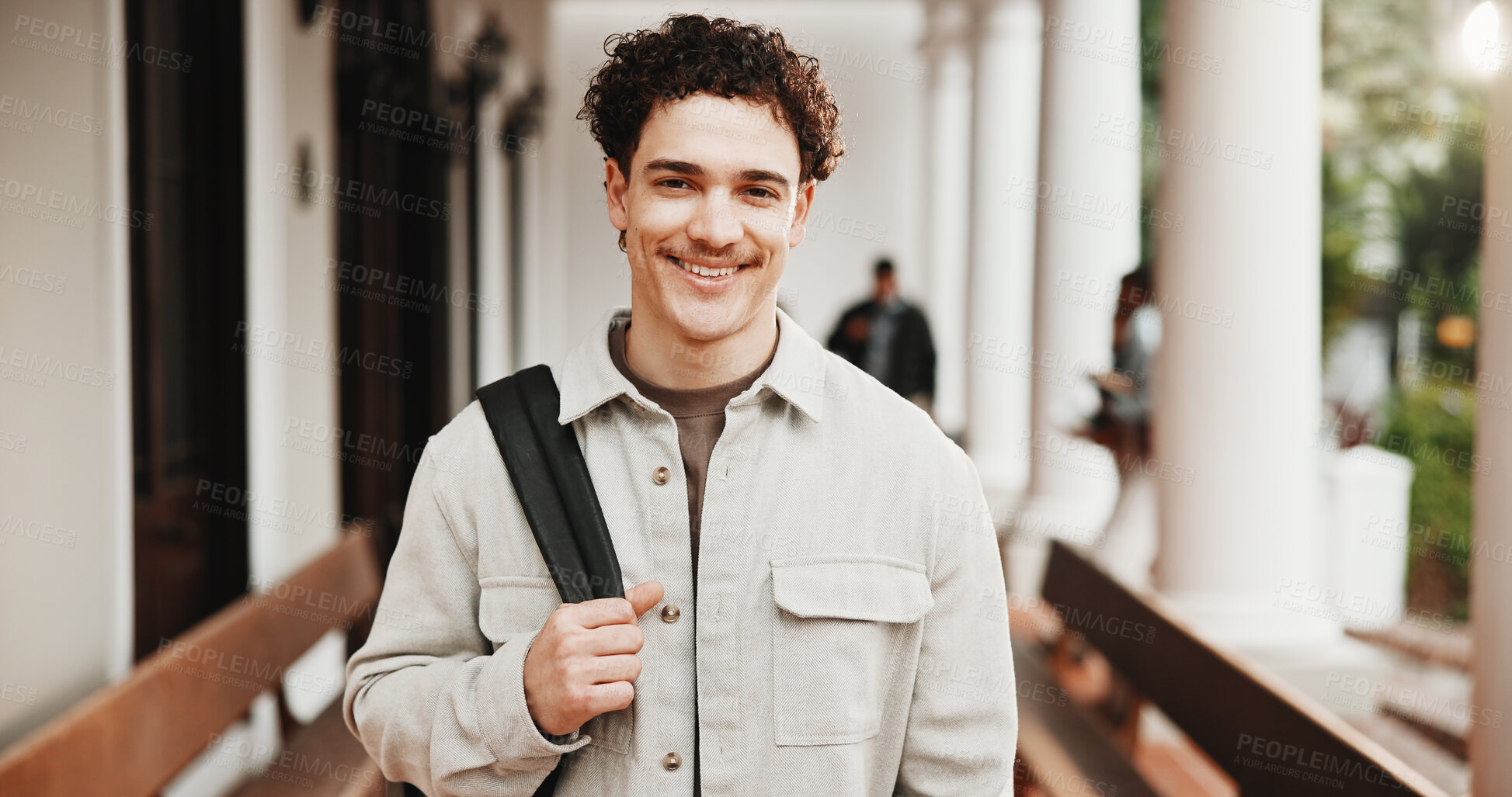 Buy stock photo Smile, man and portrait of university student for learning, development and scholarship pride. Happy male person, college and education opportunity at campus, knowledge growth or academic aspiration