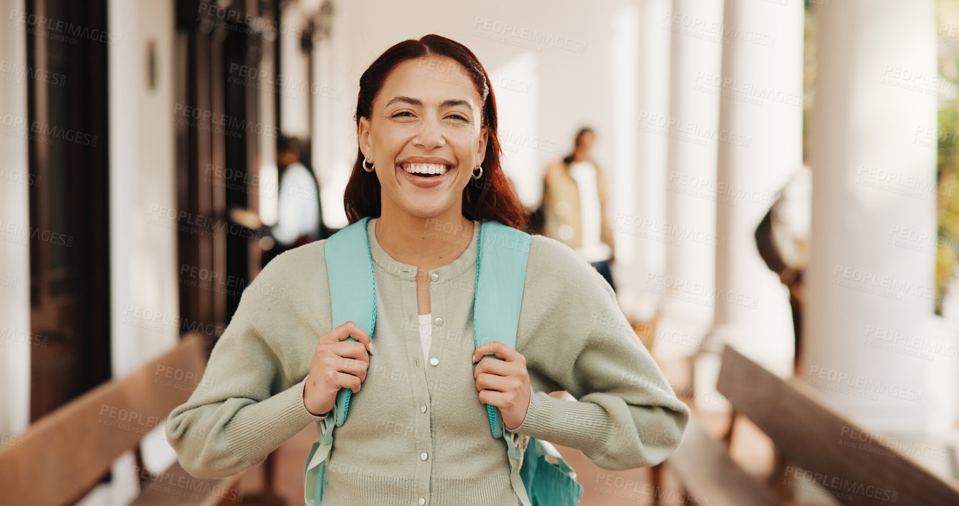 Buy stock photo Laugh, woman and portrait of university student for learning, future development and scholarship. Happy person, college and education opportunity at campus, knowledge growth or academic aspiration