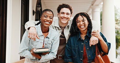 Buy stock photo Happy, friends and students at campus with portrait, study group and scholarship for education. Smile, people and embrace classmates with textbook, recess period and knowledge for learning at college