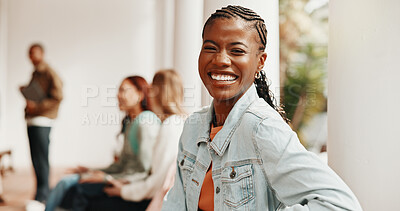 Buy stock photo Portrait, waiting and woman outdoor for hiring, interview or recruitment process for onboarding. Group, queue and candidate with confidence for opportunity, job vacancy or meeting for creative agency